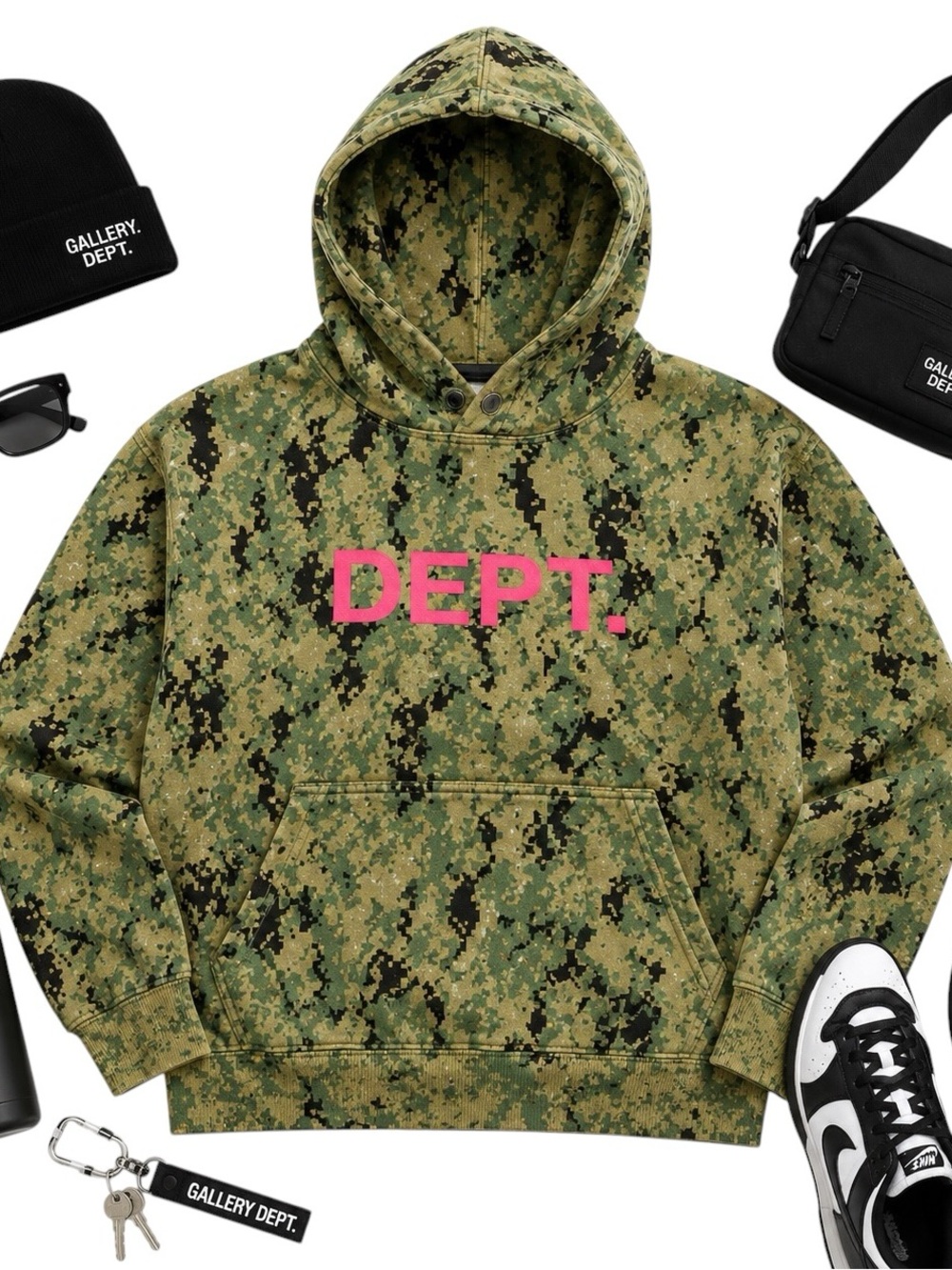 Gallery Dept Digital Camo Hoodie M Nylon Distressed Graphic Streetwear Rare FLAW